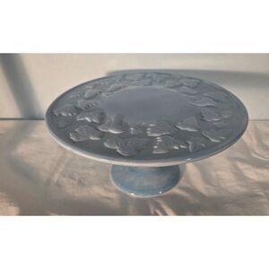 Vintage Blue Ceramic Cake Stand Pedestal Plate Embossed Leaf Design